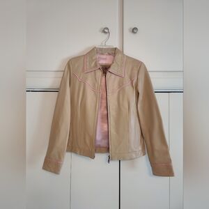 Women's Tan Leather Jacket with Pink Accents